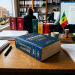 Large blue legal book titled 'Conventions Collectives 2024' on wooden desk with papers, pen, and coffee cup